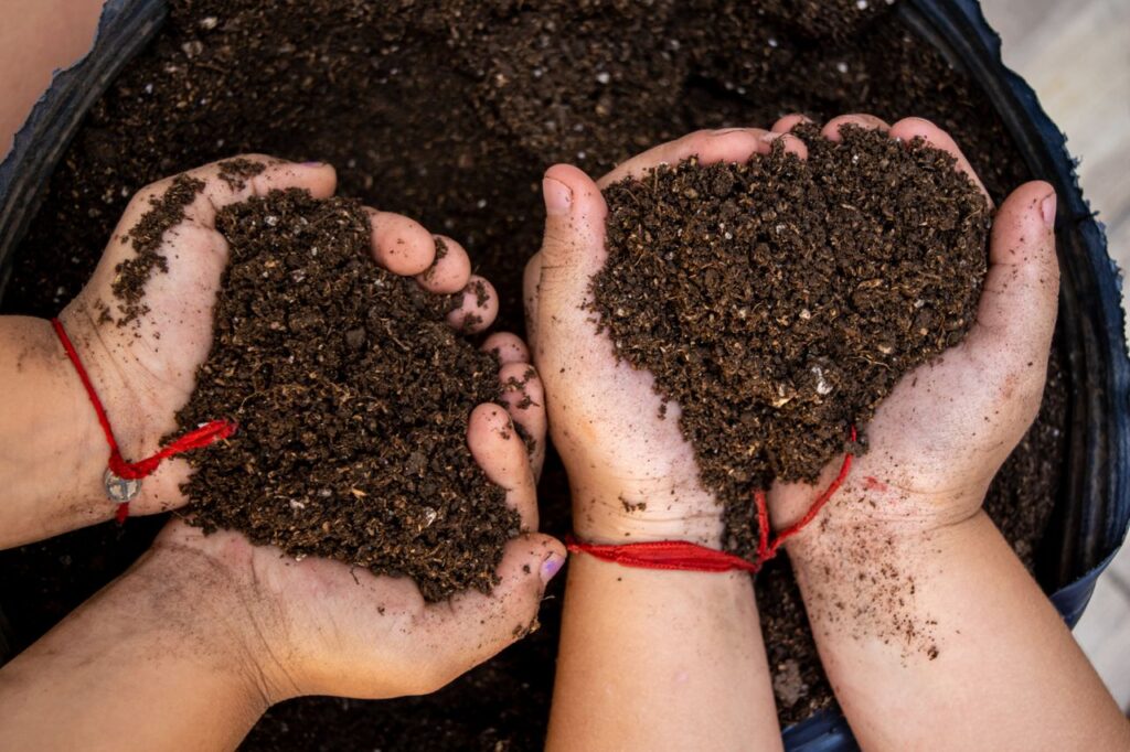 Close-up of hands holding soil shaped like a heart, symbolizing love and care for nature.