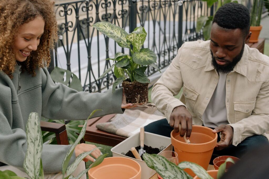 Two friends potting plants together indoors, enjoying a relaxed gardening session on a balcony.